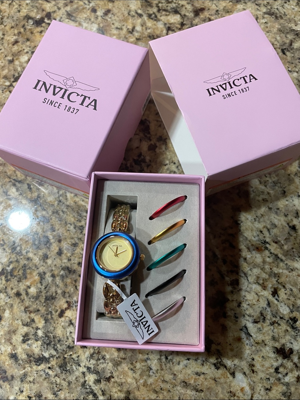 Invicta Gold Bracelet Watch with Interchangeable Blue and Multi-Color Bezels